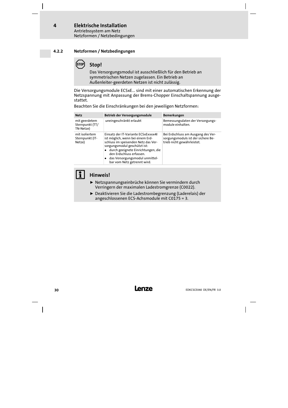 Netzformen / netzbedingungen | Lenze ECSCExxx User Manual | Page 30 / 164