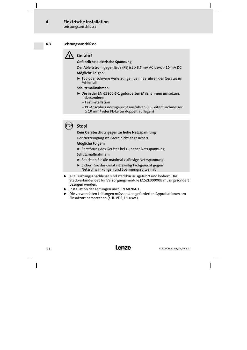 Leistungsanschlüsse | Lenze ECSCExxx User Manual | Page 32 / 164