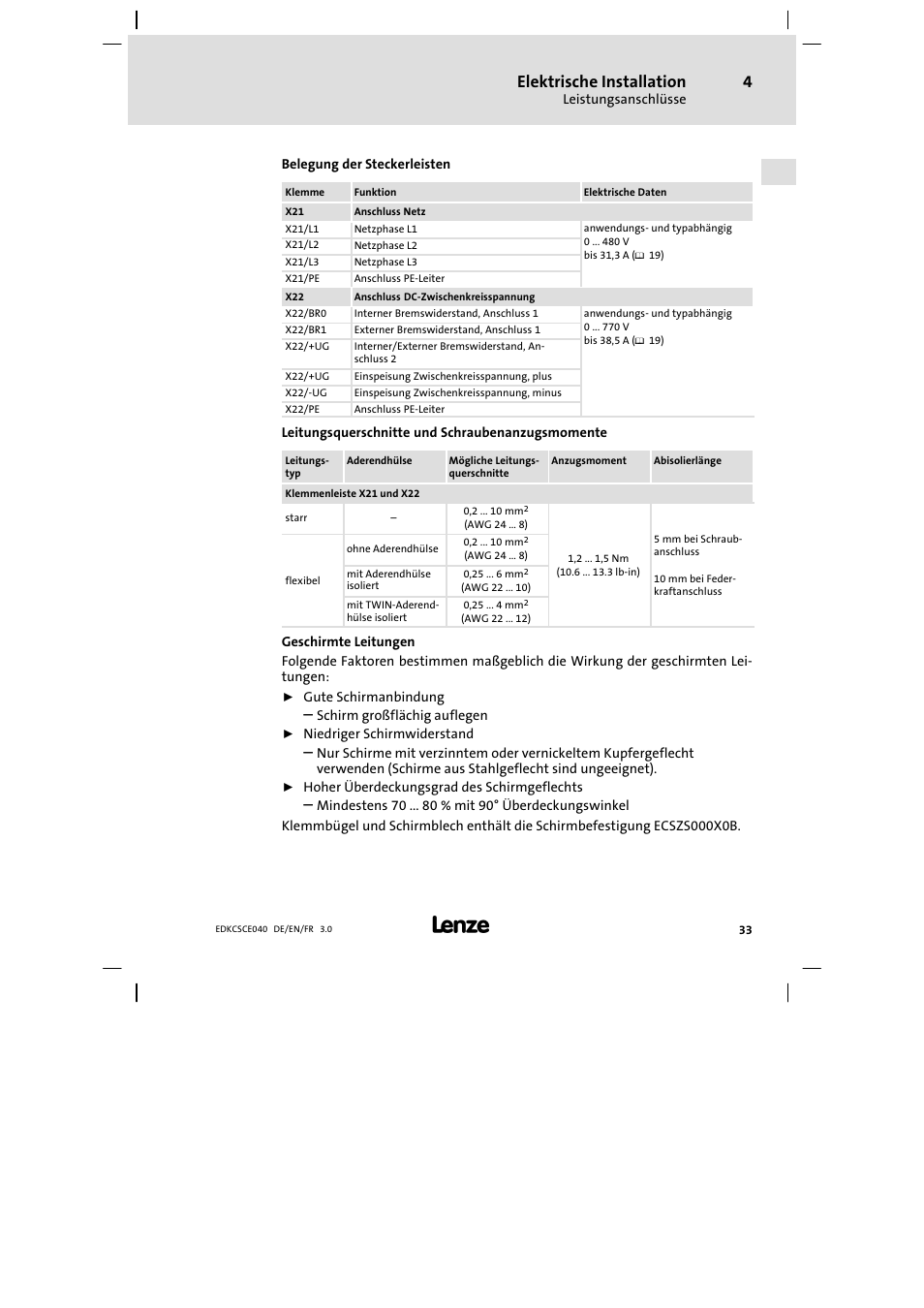 Elektrische installation | Lenze ECSCExxx User Manual | Page 33 / 164