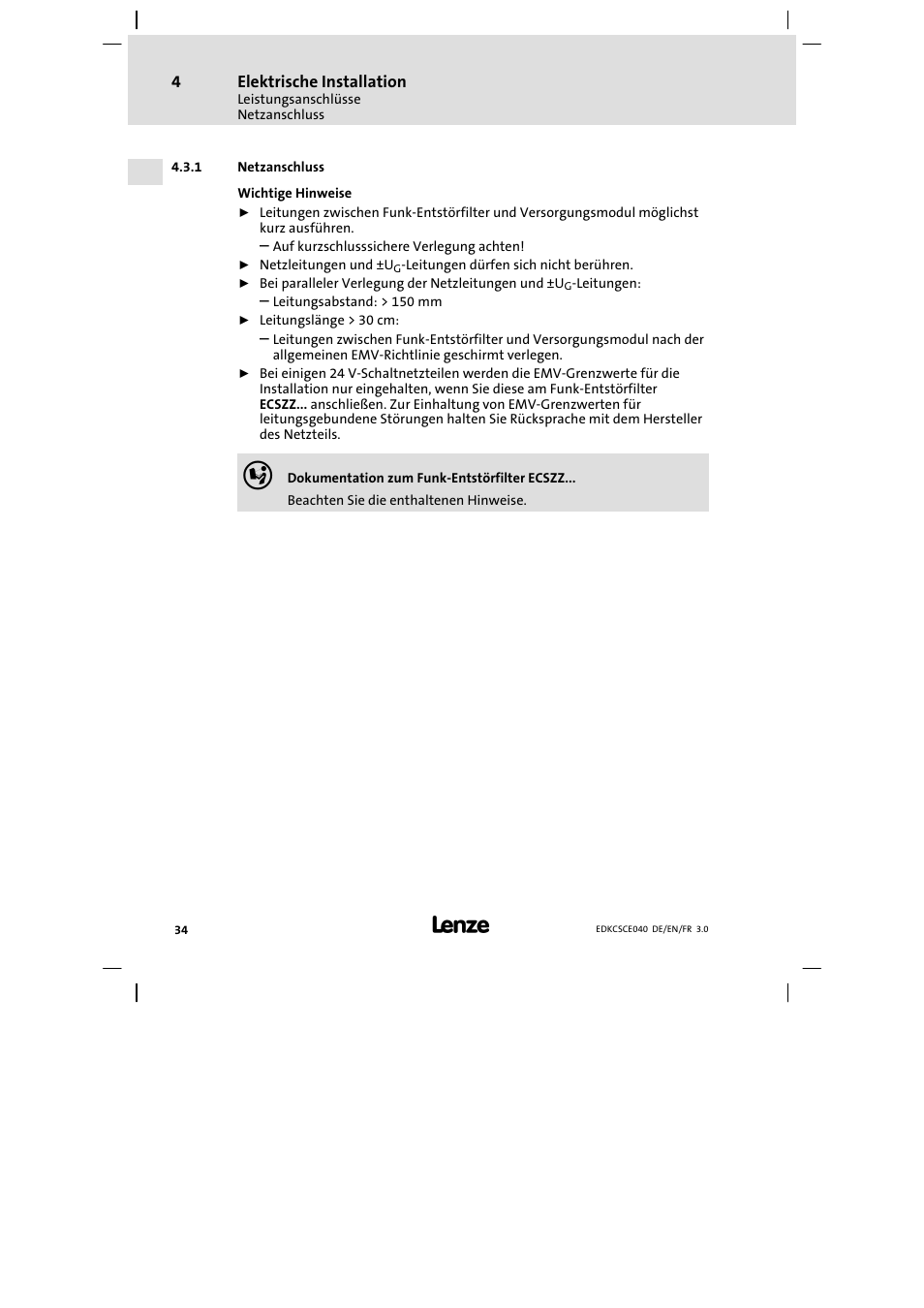 Netzanschluss | Lenze ECSCExxx User Manual | Page 34 / 164