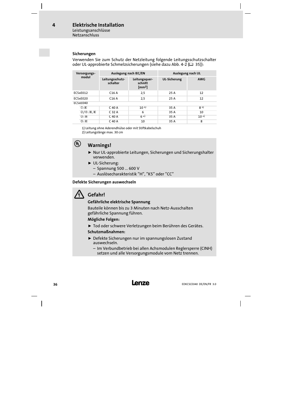 Elektrische installation, Warnings, Gefahr | Lenze ECSCExxx User Manual | Page 36 / 164