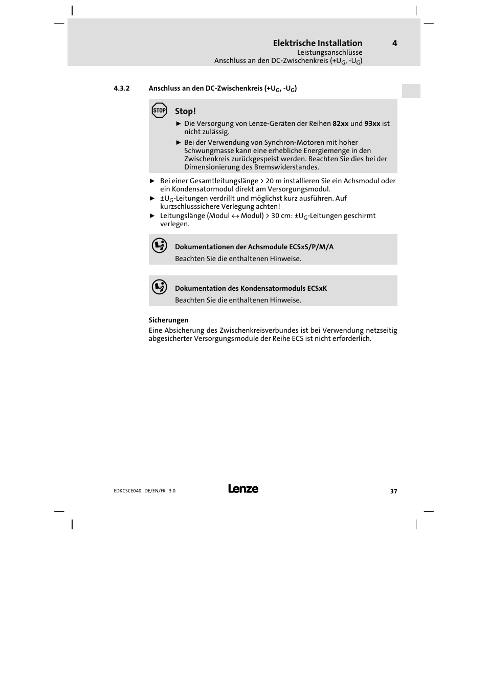 Anschluss an den dc-zwischenkreis (+ug, -ug), Anschluss an den dc−zwischenkreis (+ug, −ug) | Lenze ECSCExxx User Manual | Page 37 / 164