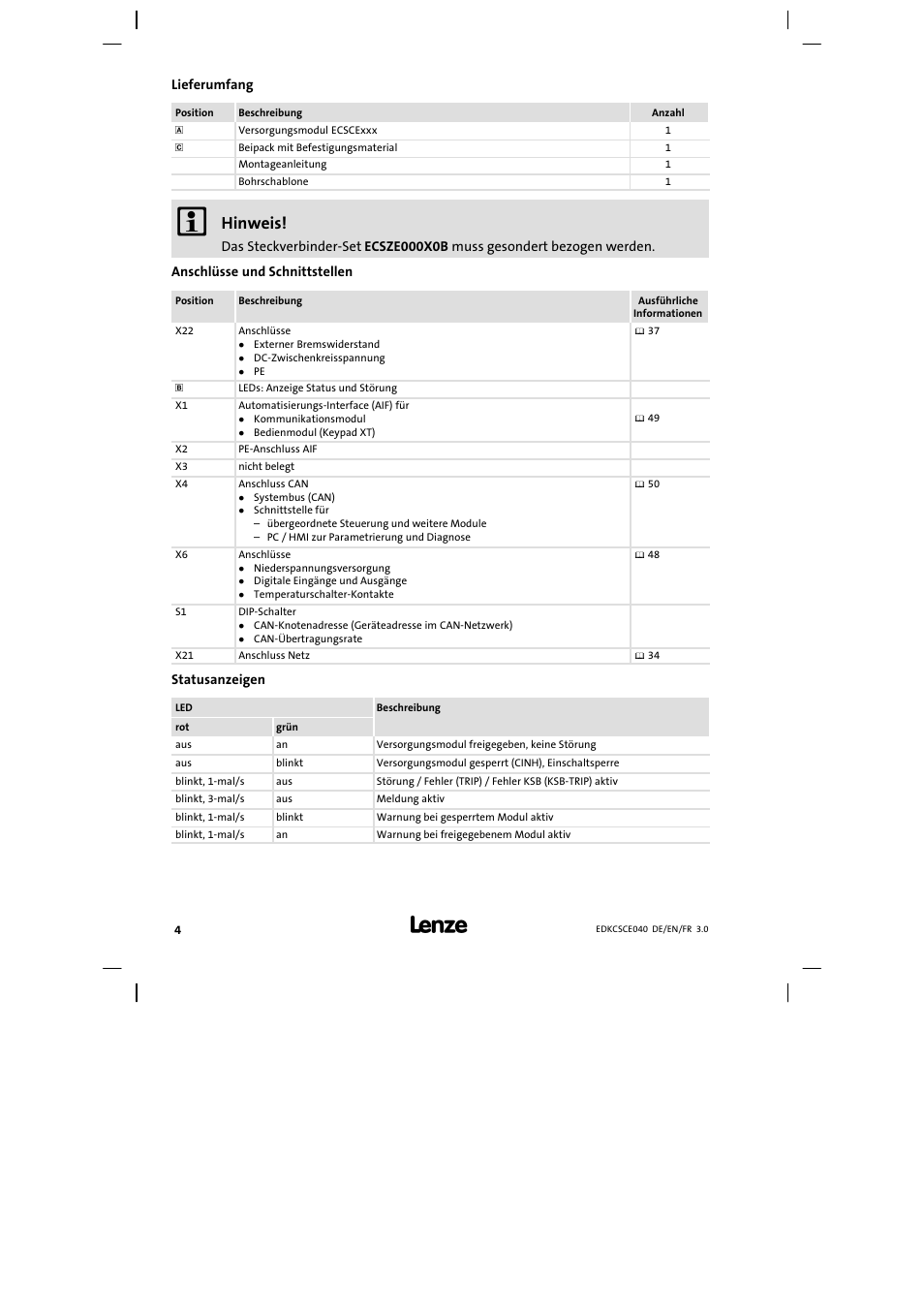 Lieferumfang, Anschlüsse und schnittstellen, Statusanzeigen | Hinweis | Lenze ECSCExxx User Manual | Page 4 / 164