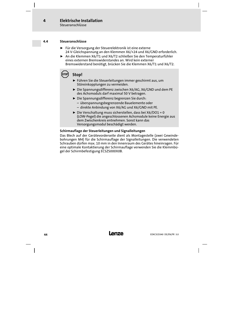 Steueranschlüsse | Lenze ECSCExxx User Manual | Page 44 / 164