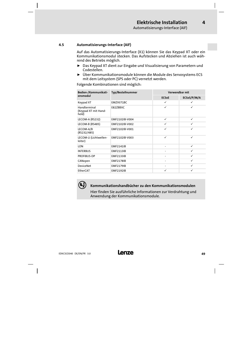 Automatisierungs-interface (aif), Automatisierungs−interface (aif), Elektrische installation | Lenze ECSCExxx User Manual | Page 49 / 164