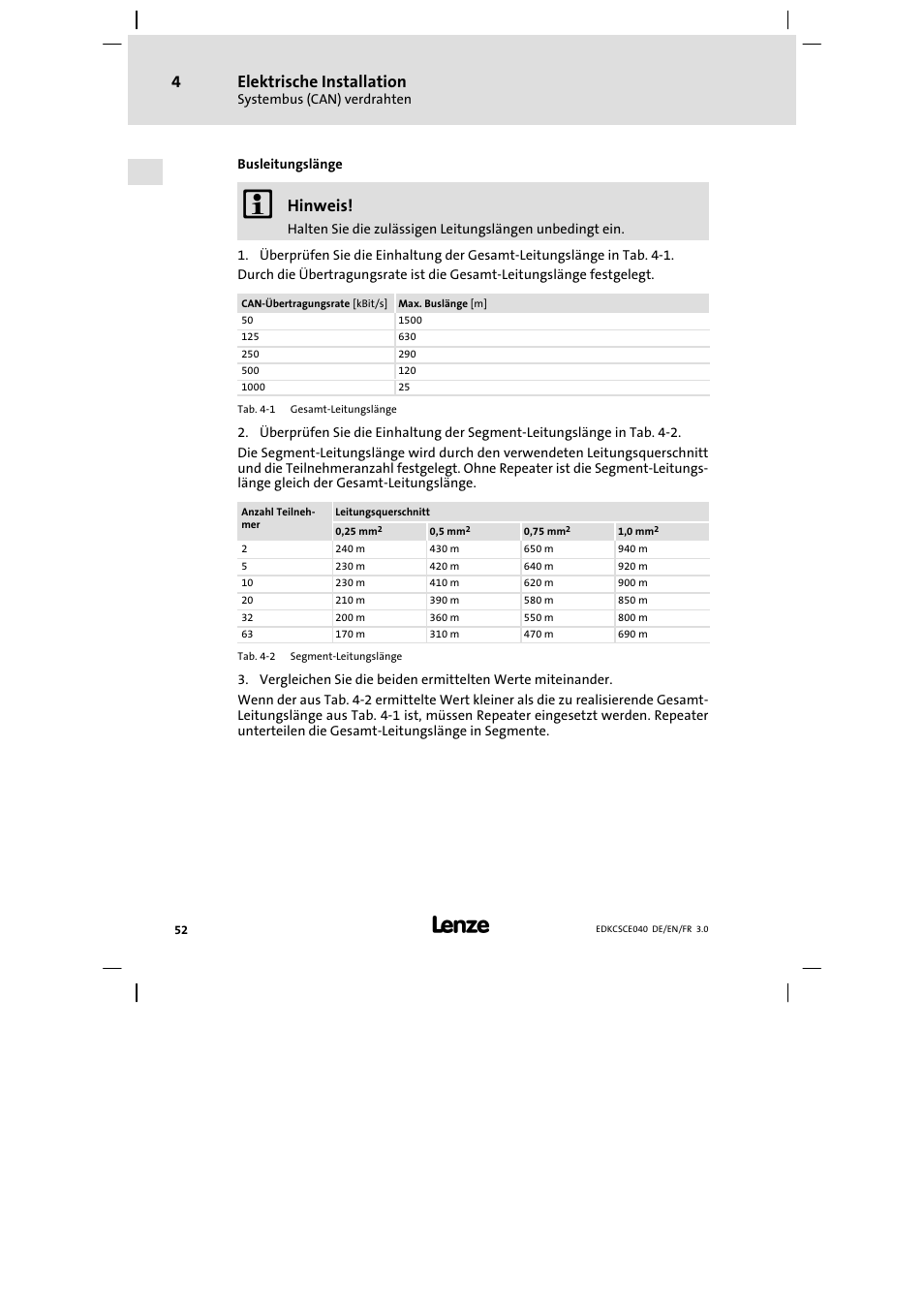 Elektrische installation, Hinweis | Lenze ECSCExxx User Manual | Page 52 / 164