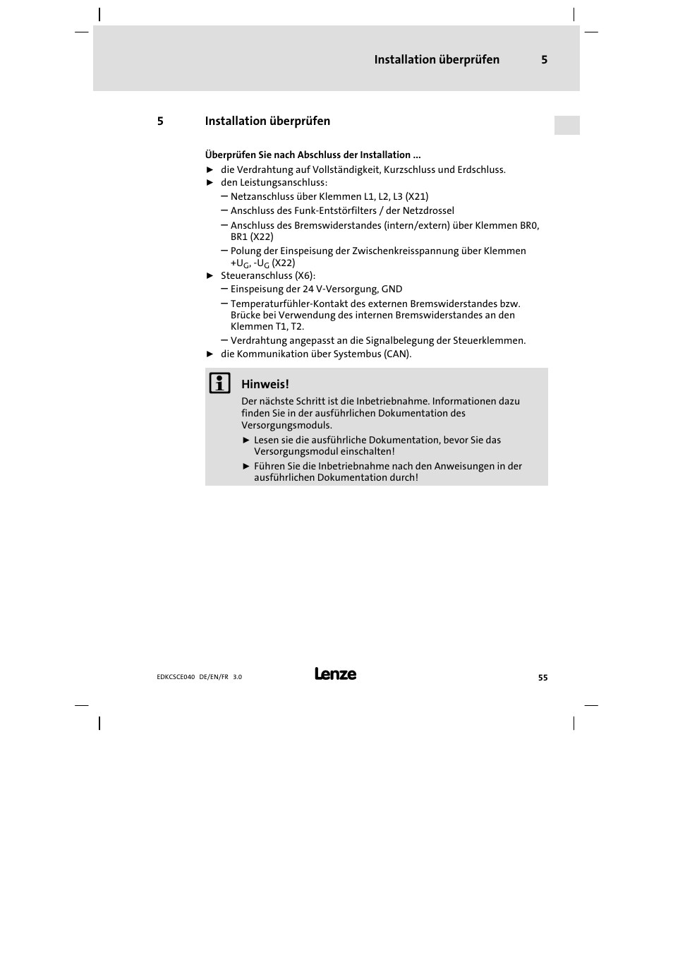 5 installation überprüfen, Installation überprüfen | Lenze ECSCExxx User Manual | Page 55 / 164