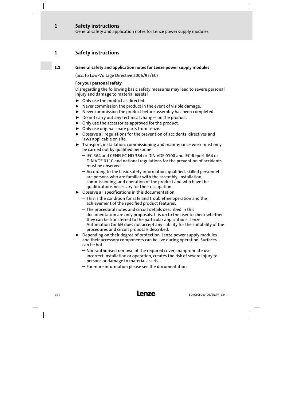 1 safety instructions, Safety instructions | Lenze ECSCExxx User Manual | Page 60 / 164