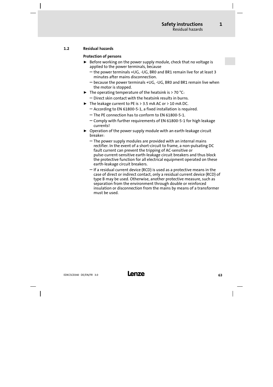 Residual hazards | Lenze ECSCExxx User Manual | Page 63 / 164