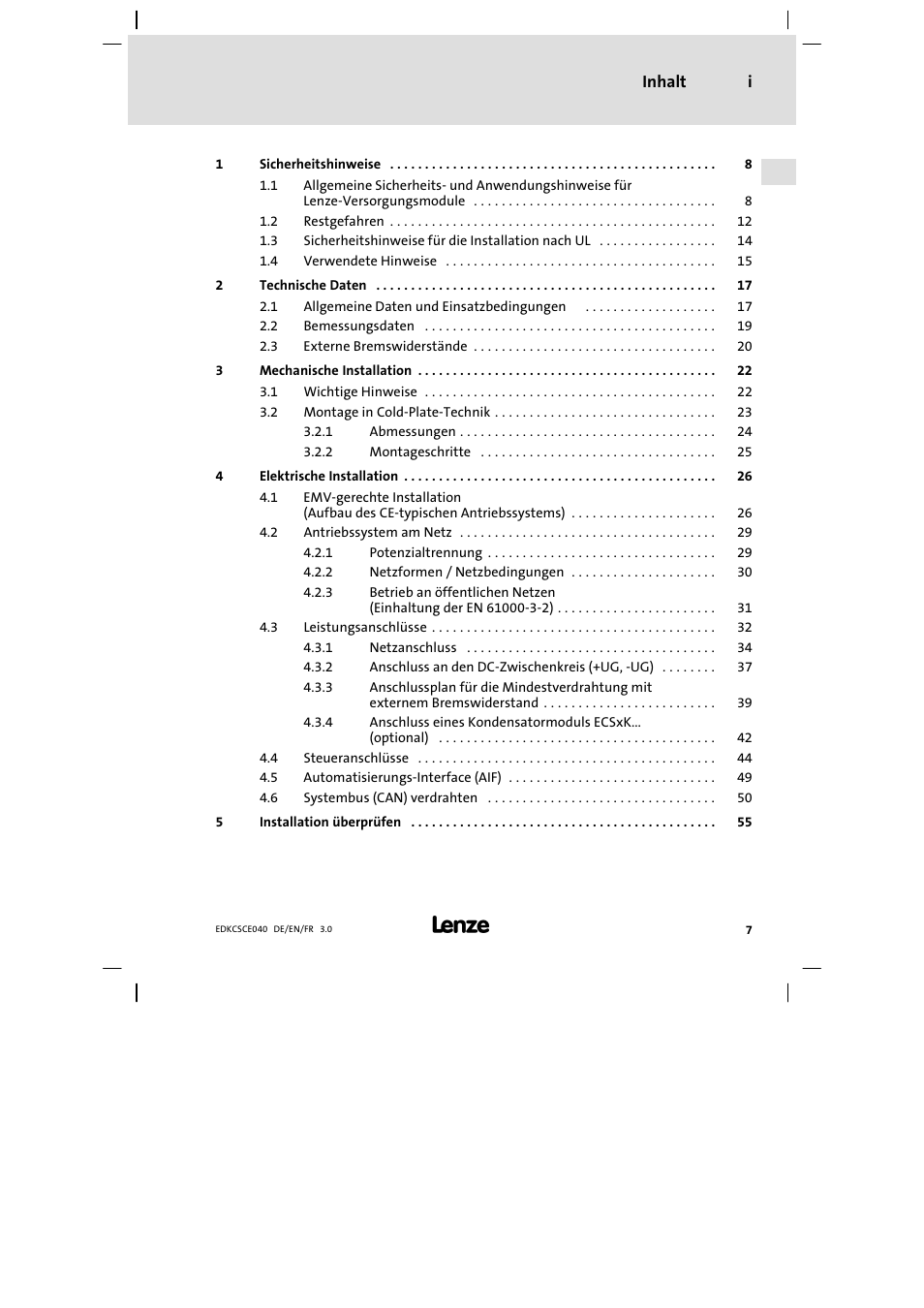 Inhalt | Lenze ECSCExxx User Manual | Page 7 / 164