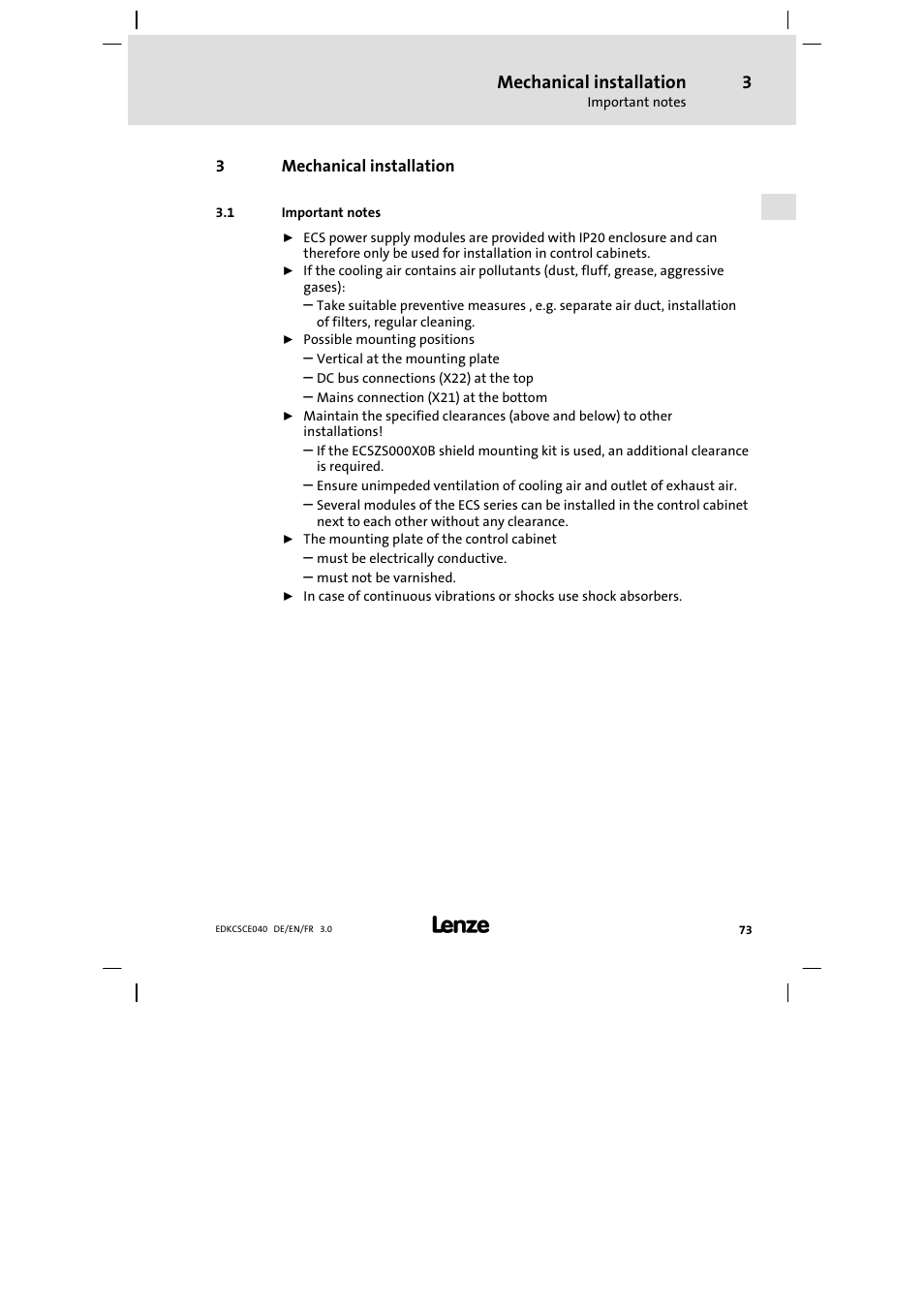 3 mechanical installation, Important notes, Mechanical installation | Lenze ECSCExxx User Manual | Page 73 / 164