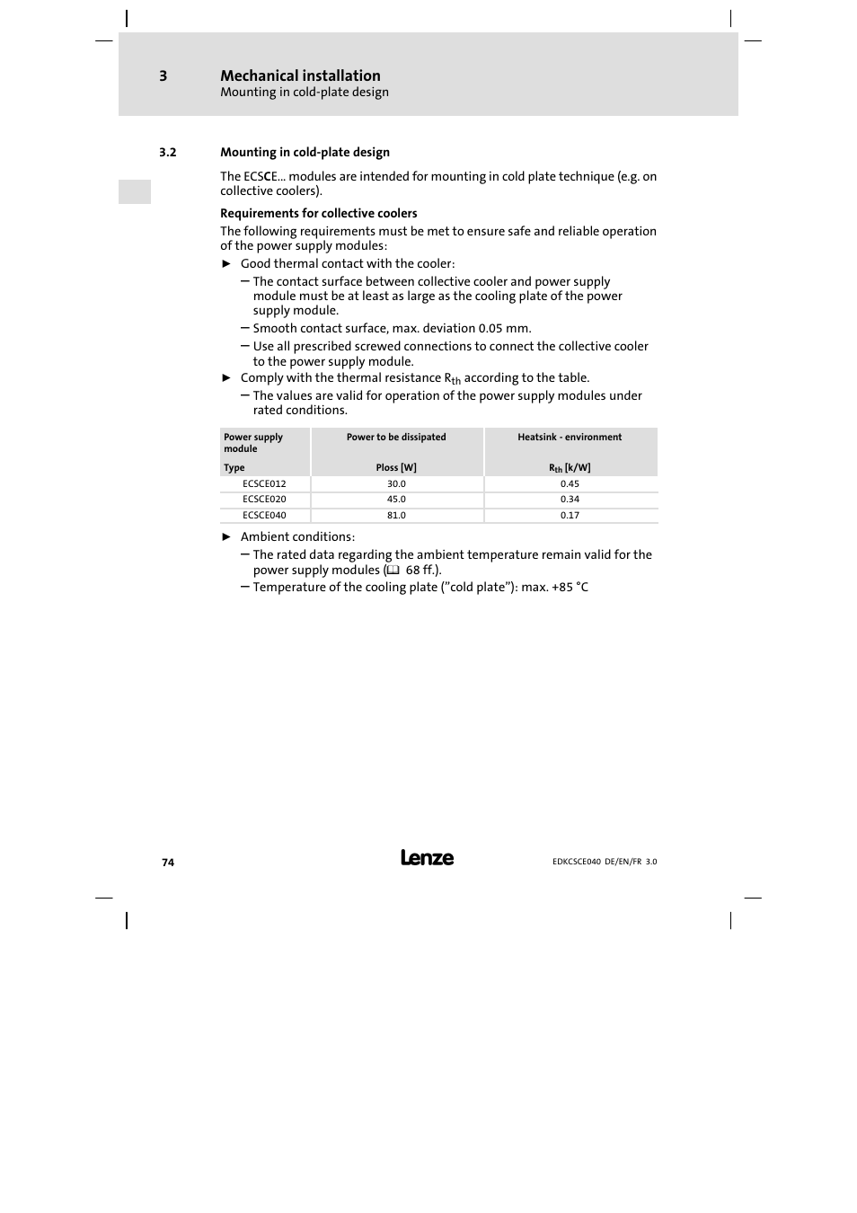 Mounting in cold-plate design, Mounting in cold−plate design, Mechanical installation | Lenze ECSCExxx User Manual | Page 74 / 164