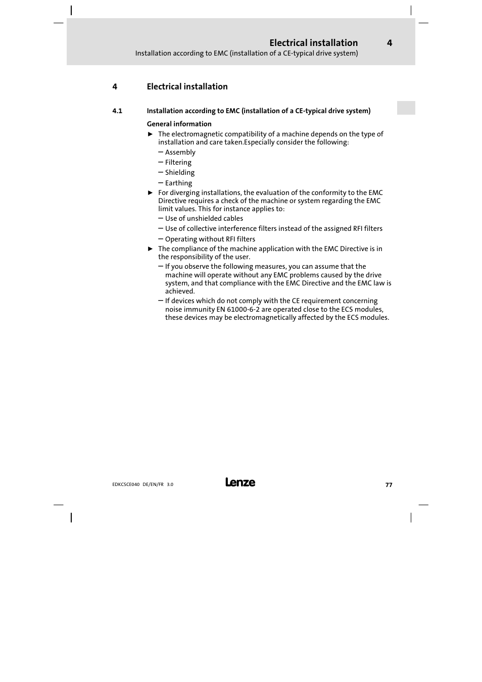 4 electrical installation, Electrical installation | Lenze ECSCExxx User Manual | Page 77 / 164