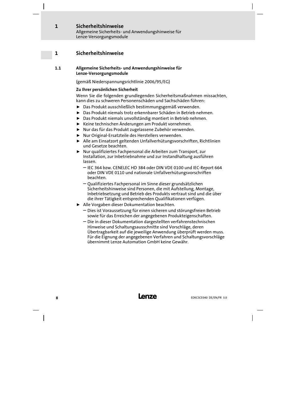 1 sicherheitshinweise, Sicherheitshinweise | Lenze ECSCExxx User Manual | Page 8 / 164