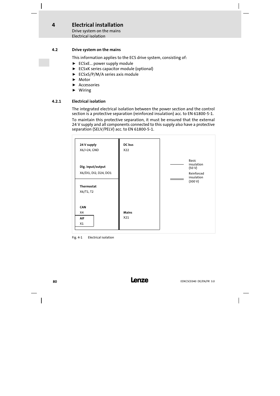 Drive system on the mains, Electrical isolation, Electrical installation | Lenze ECSCExxx User Manual | Page 80 / 164
