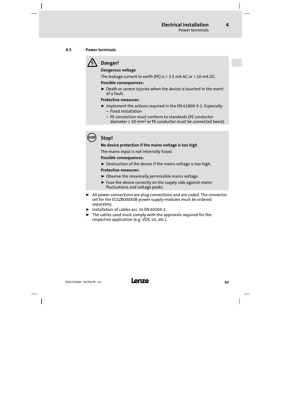 Power terminals | Lenze ECSCExxx User Manual | Page 83 / 164