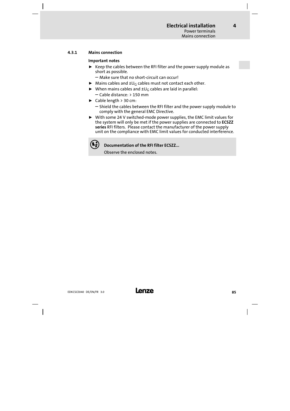 Mains connection | Lenze ECSCExxx User Manual | Page 85 / 164