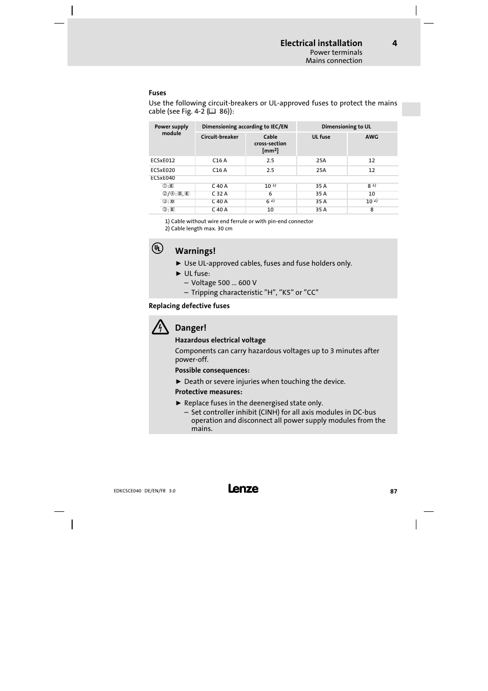 Electrical installation, Warnings, Danger | Lenze ECSCExxx User Manual | Page 87 / 164