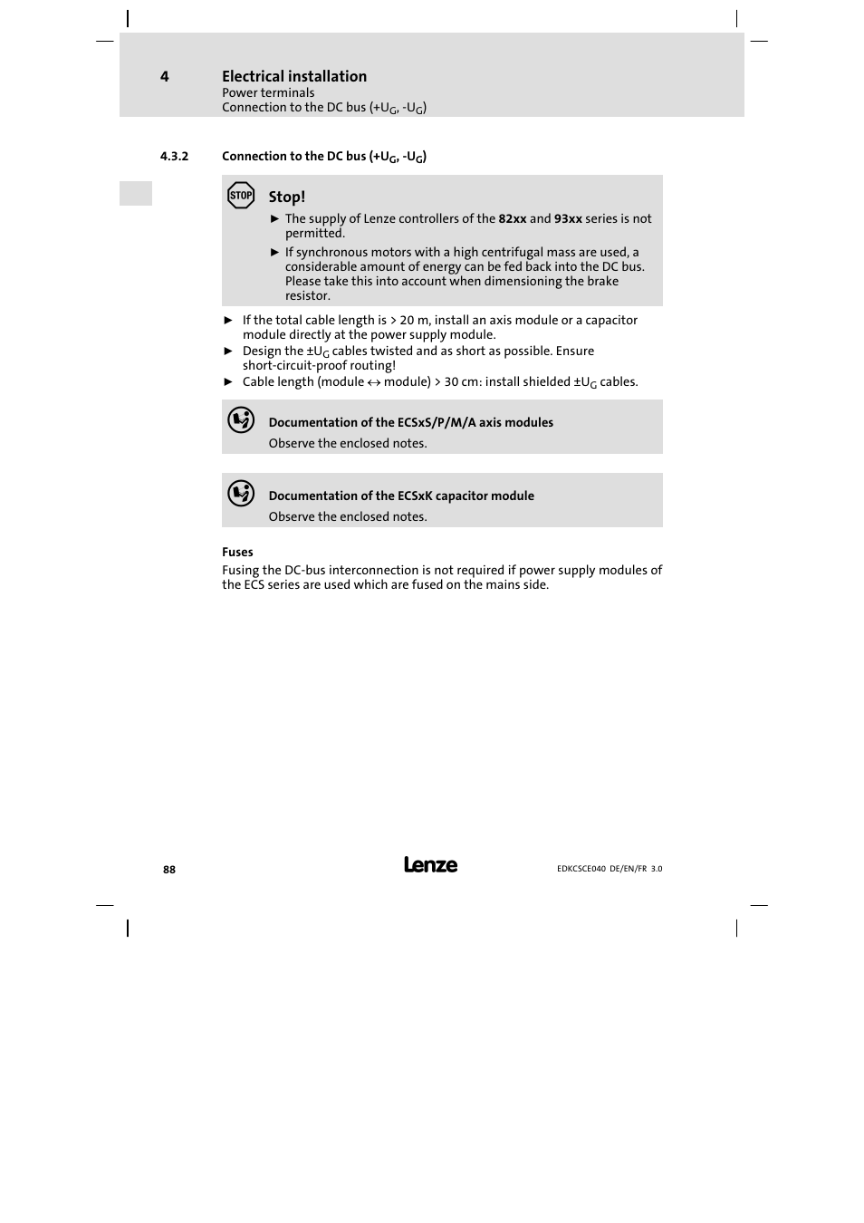 Connection to the dc bus (+ug, -ug), Connection to the dc bus (+ug, −ug) | Lenze ECSCExxx User Manual | Page 88 / 164