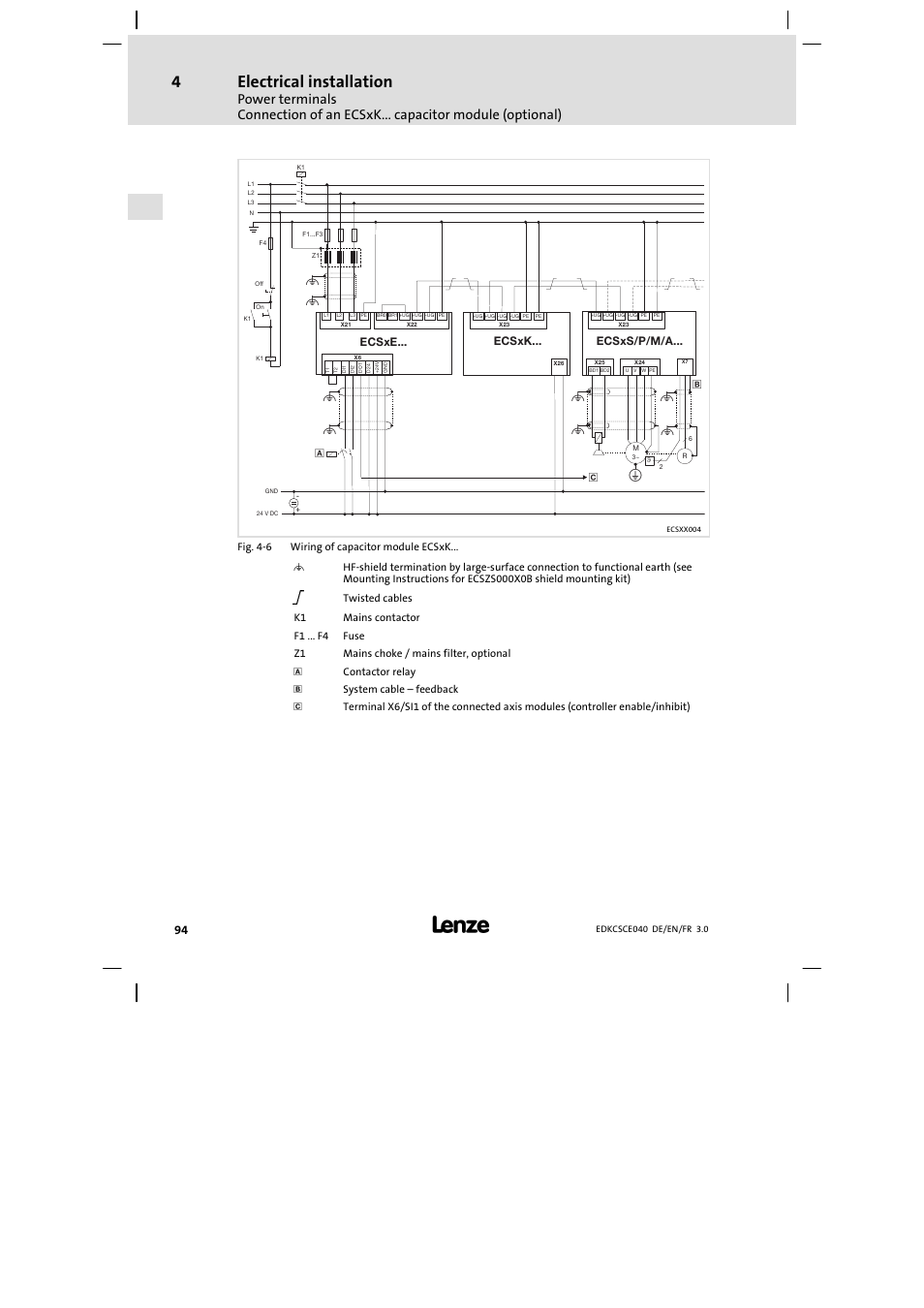 Electrical installation, Ecsxk, Ecsxe | Ecsxs/p/m/a | Lenze ECSCExxx User Manual | Page 94 / 164