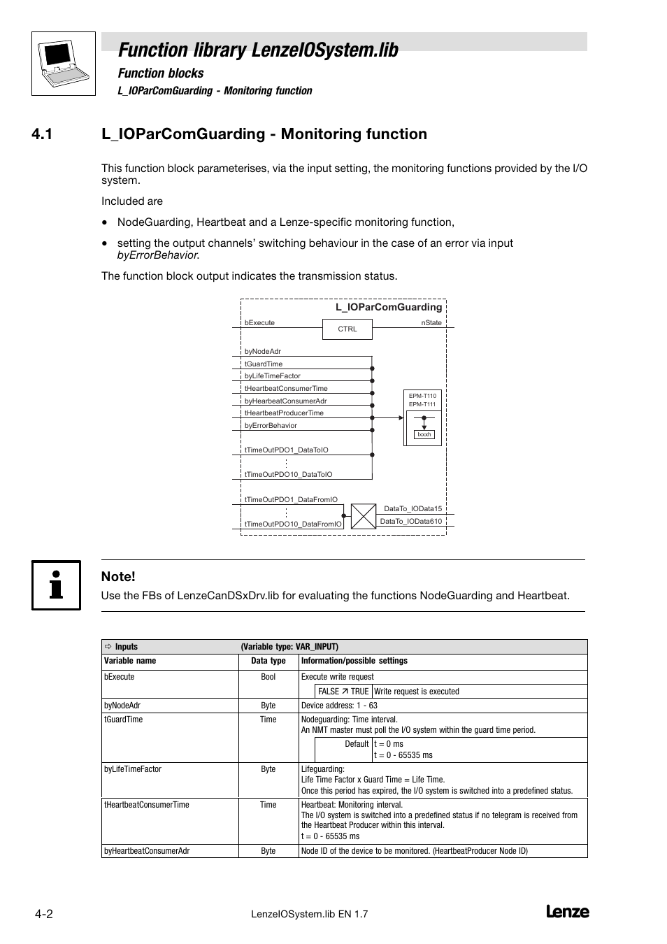 1 l_ioparcomguarding - monitoring function, L_ioparcomguarding − monitoring function, Function library lenzeiosystem.lib | 1 l_ioparcomguarding − monitoring function, Function blocks | Lenze DDS Function library IOSystem User Manual | Page 20 / 83