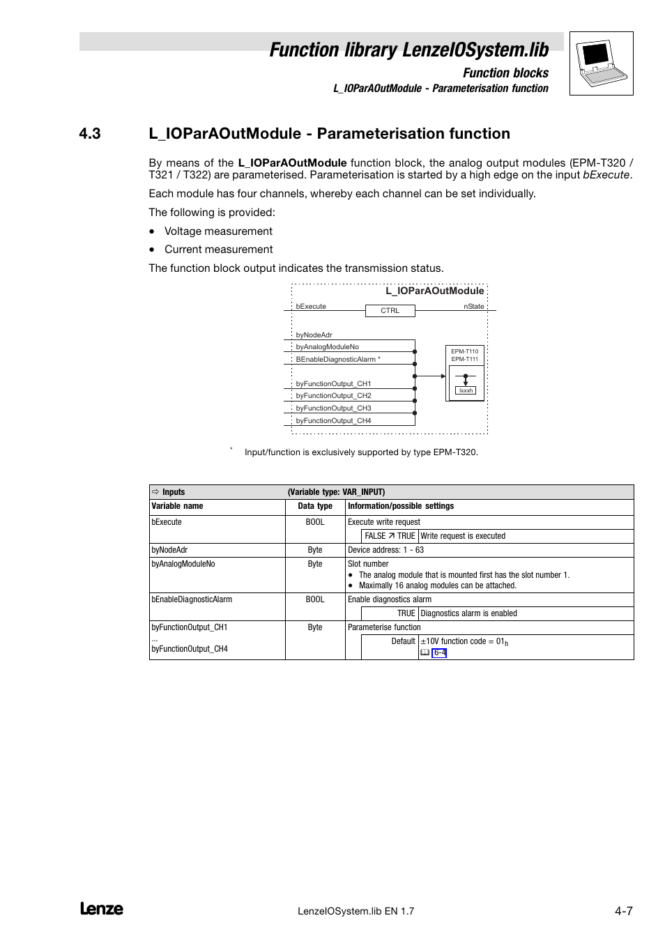 3 l_ioparaoutmodule - parameterisation function, L_ioparaoutmodule − parameterisation function, Function library lenzeiosystem.lib | 3 l_ioparaoutmodule − parameterisation function, Function blocks | Lenze DDS Function library IOSystem User Manual | Page 25 / 83