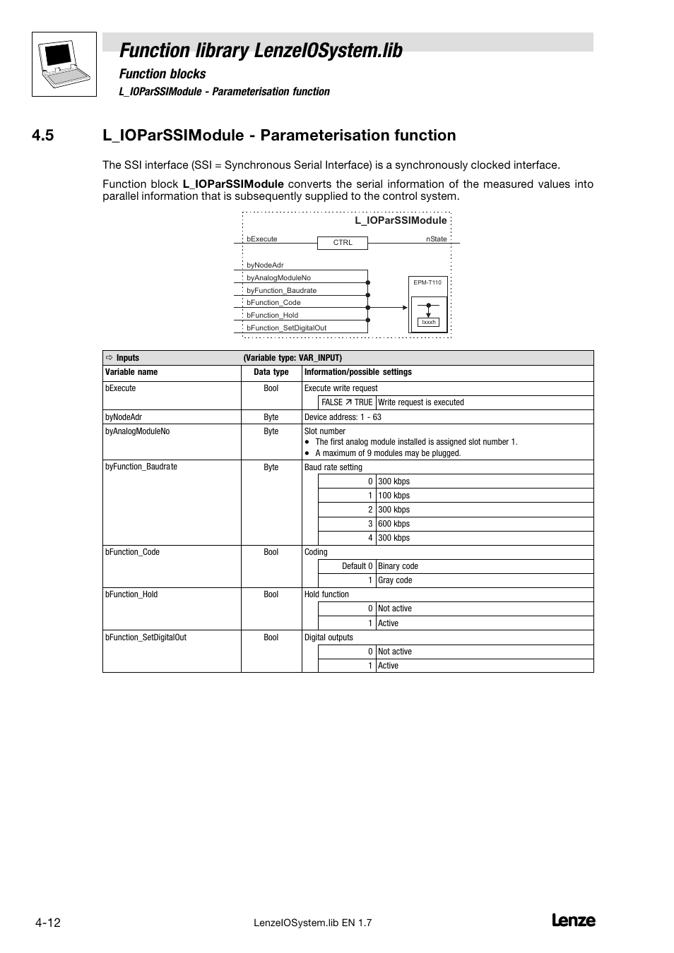 5 l_ioparssimodule - parameterisation function, L_ioparssimodule − parameterisation function, Function library lenzeiosystem.lib | 5 l_ioparssimodule − parameterisation function, Function blocks | Lenze DDS Function library IOSystem User Manual | Page 30 / 83