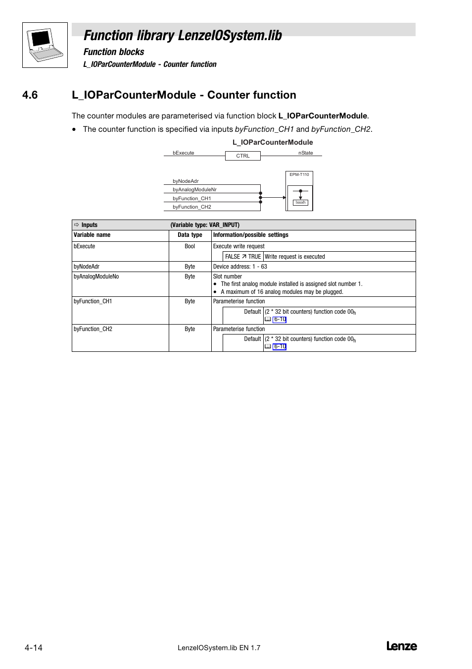 6 l_ioparcountermodule - counter function, L_ioparcountermodule − counter function, Function library lenzeiosystem.lib | 6 l_ioparcountermodule − counter function, Function blocks | Lenze DDS Function library IOSystem User Manual | Page 32 / 83