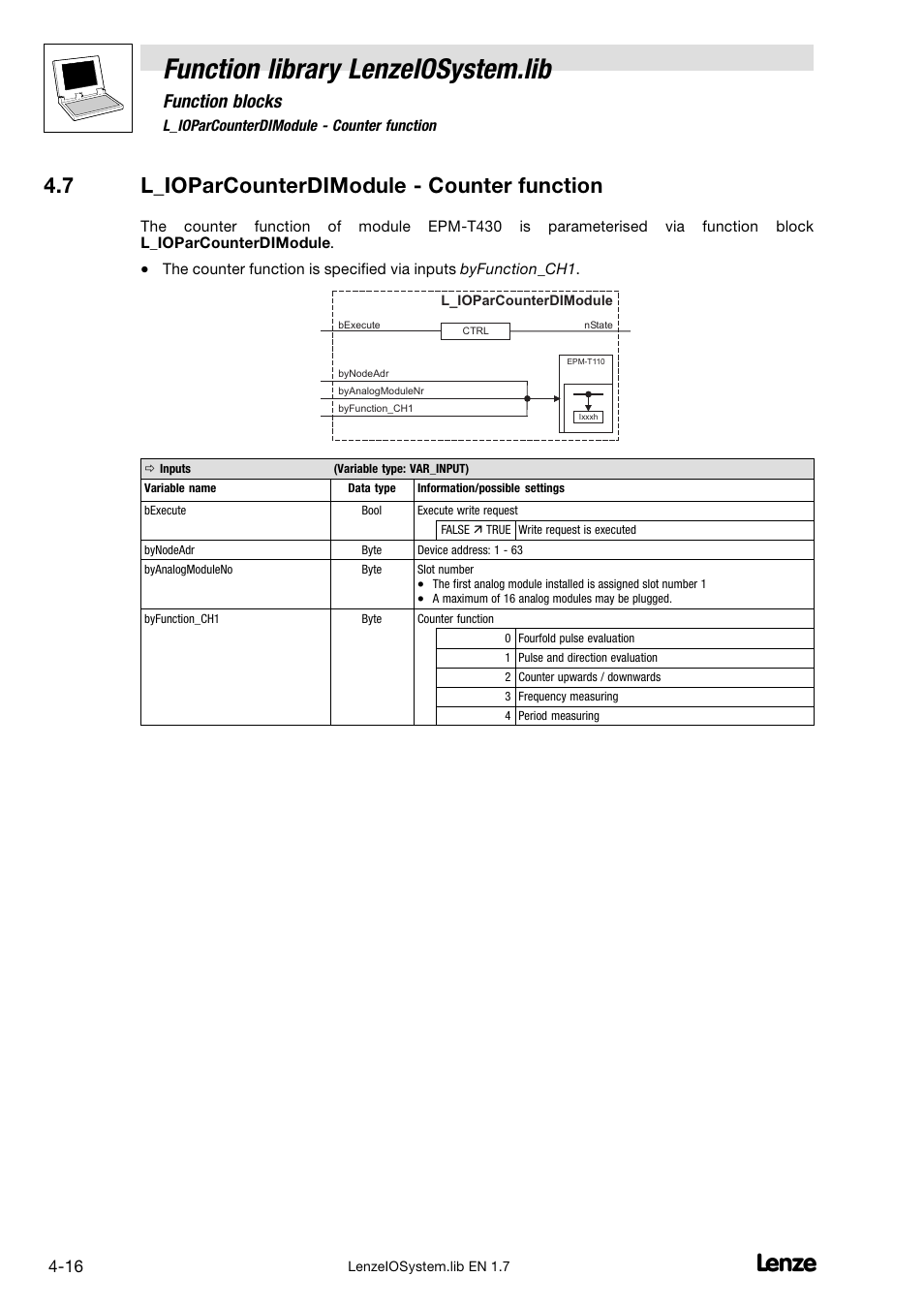 7 l_ioparcounterdimodule - counter function, L_ioparcounterdimodule − counter function, Function library lenzeiosystem.lib | 7 l_ioparcounterdimodule − counter function, Function blocks | Lenze DDS Function library IOSystem User Manual | Page 34 / 83