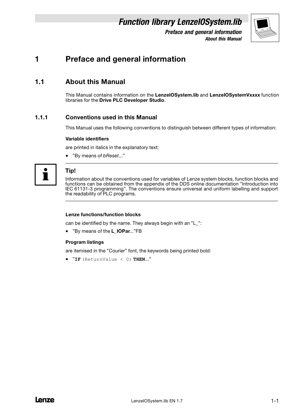 1 preface and general information, 1 about this manual, 1 conventions used in this manual | About this manual, Conventions used in this manual, Function library lenzeiosystem.lib, 1preface and general information | Lenze DDS Function library IOSystem User Manual | Page 5 / 83