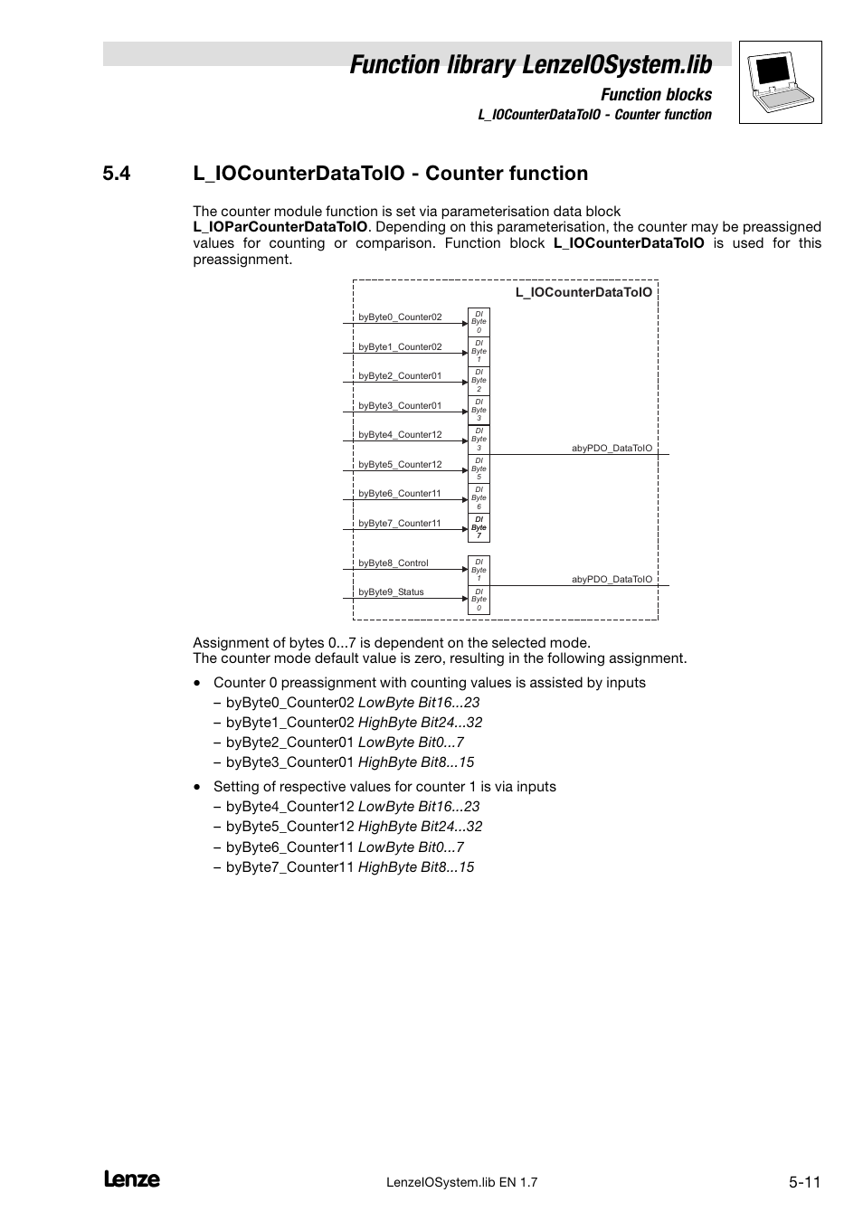 4 l_iocounterdatatoio - counter function, L_iocounterdatatoio − counter function, Function library lenzeiosystem.lib | Function blocks, 4 l_iocounterdatatoio − counter function | Lenze DDS Function library IOSystem User Manual | Page 57 / 83