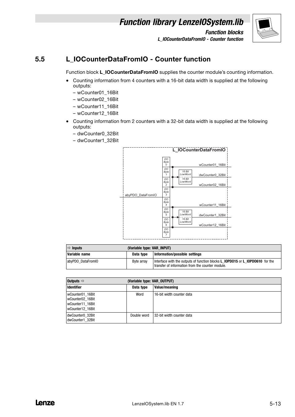 5 l_iocounterdatafromio - counter function, L_iocounterdatafromio − counter function, Function library lenzeiosystem.lib | Function blocks, 5 l_iocounterdatafromio − counter function | Lenze DDS Function library IOSystem User Manual | Page 59 / 83