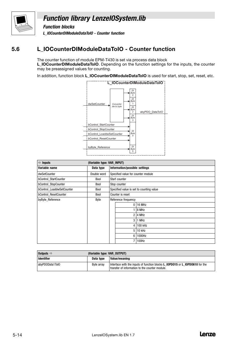6 l_iocounterdimoduledatatoio - counter function, L_iocounterdimoduledatatoio − counter function, Function library lenzeiosystem.lib | Function blocks, 6 l_iocounterdimoduledatatoio − counter function | Lenze DDS Function library IOSystem User Manual | Page 60 / 83