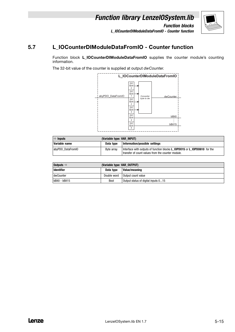 7 l_iocounterdimoduledatafromio - counter function, L_iocounterdimoduledatafromio − counter function, Function library lenzeiosystem.lib | Function blocks, 7 l_iocounterdimoduledatafromio − counter function | Lenze DDS Function library IOSystem User Manual | Page 61 / 83