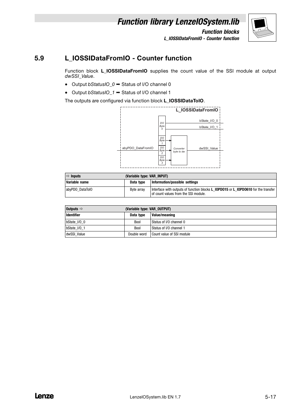 9 l_iossidatafromio - counter function, L_iossidatafromio − counter function, Function library lenzeiosystem.lib | 9 l_iossidatafromio − counter function, Function blocks | Lenze DDS Function library IOSystem User Manual | Page 63 / 83