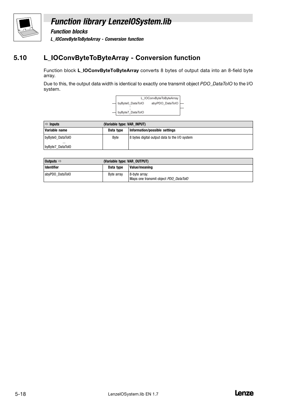 10 l_ioconvbytetobytearray - conversion function, 10 l_ioconvbytetobytearray − conversion function, Function library lenzeiosystem.lib | Function blocks | Lenze DDS Function library IOSystem User Manual | Page 64 / 83