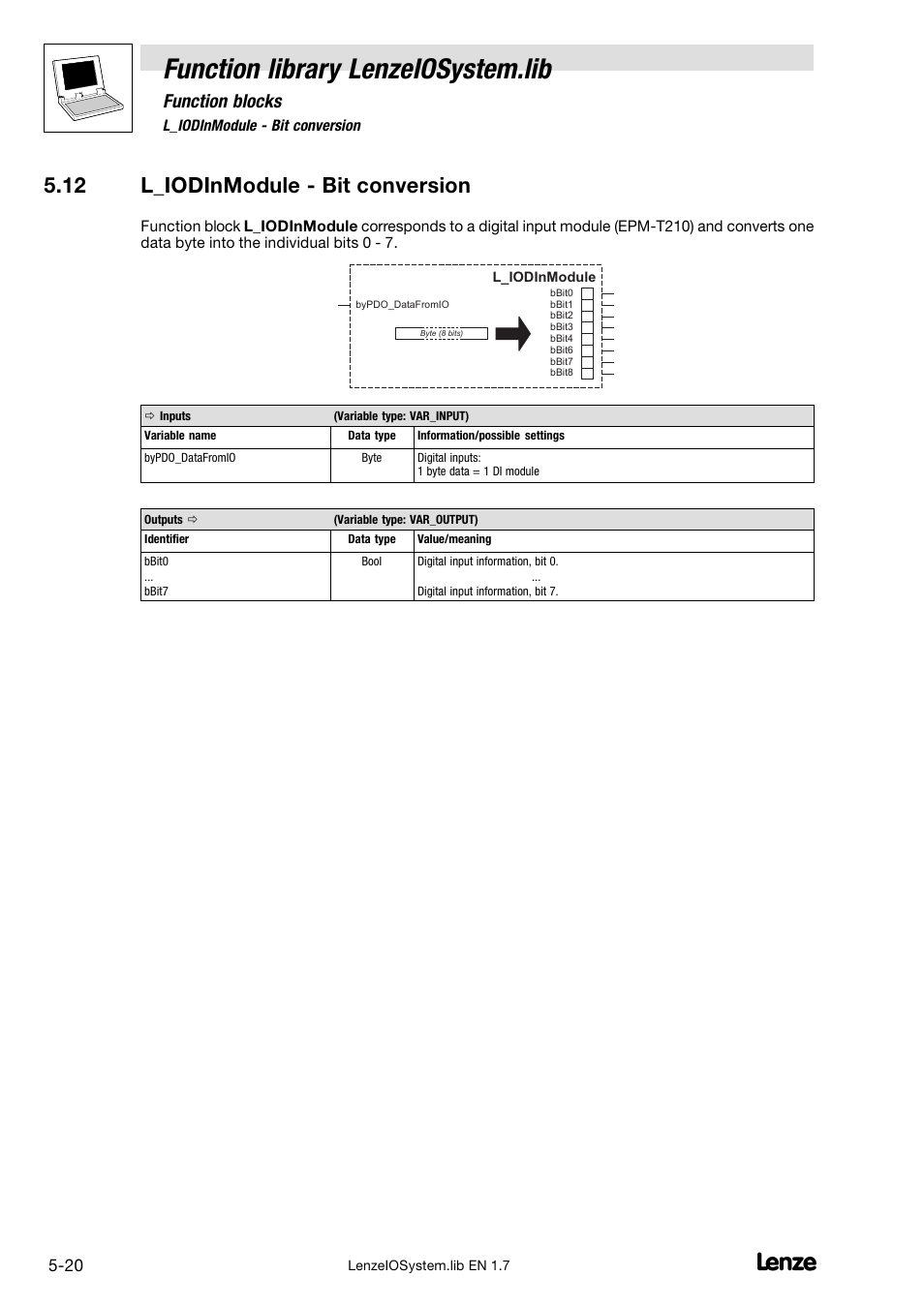 12 l_iodinmodule - bit conversion, 12 l_iodinmodule − bit conversion, Function library lenzeiosystem.lib | Function blocks | Lenze DDS Function library IOSystem User Manual | Page 66 / 83
