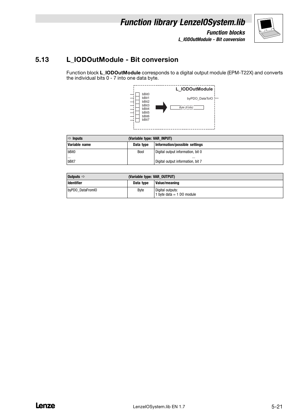 13 l_iodoutmodule - bit conversion, 13 l_iodoutmodule − bit conversion, Function library lenzeiosystem.lib | Function blocks | Lenze DDS Function library IOSystem User Manual | Page 67 / 83