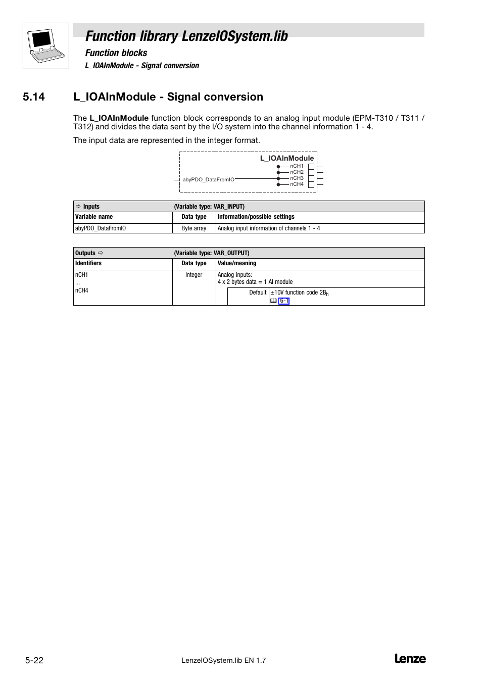 14 l_ioainmodule - signal conversion, 14 l_ioainmodule − signal conversion, Function library lenzeiosystem.lib | Function blocks | Lenze DDS Function library IOSystem User Manual | Page 68 / 83