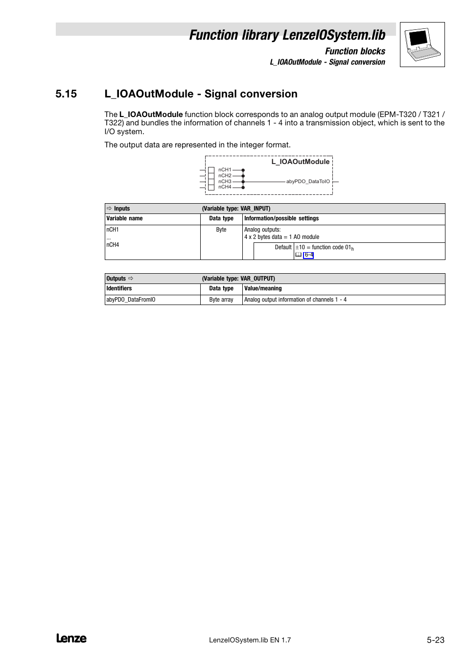 15 l_ioaoutmodule - signal conversion, 15 l_ioaoutmodule − signal conversion, Function library lenzeiosystem.lib | Function blocks | Lenze DDS Function library IOSystem User Manual | Page 69 / 83