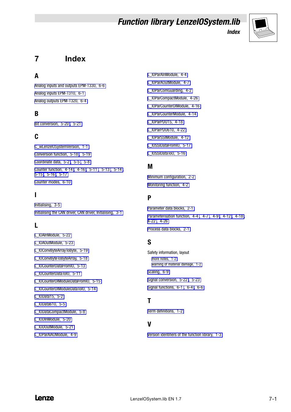 7 index, Function library lenzeiosystem.lib, 7index | Lenze DDS Function library IOSystem User Manual | Page 83 / 83