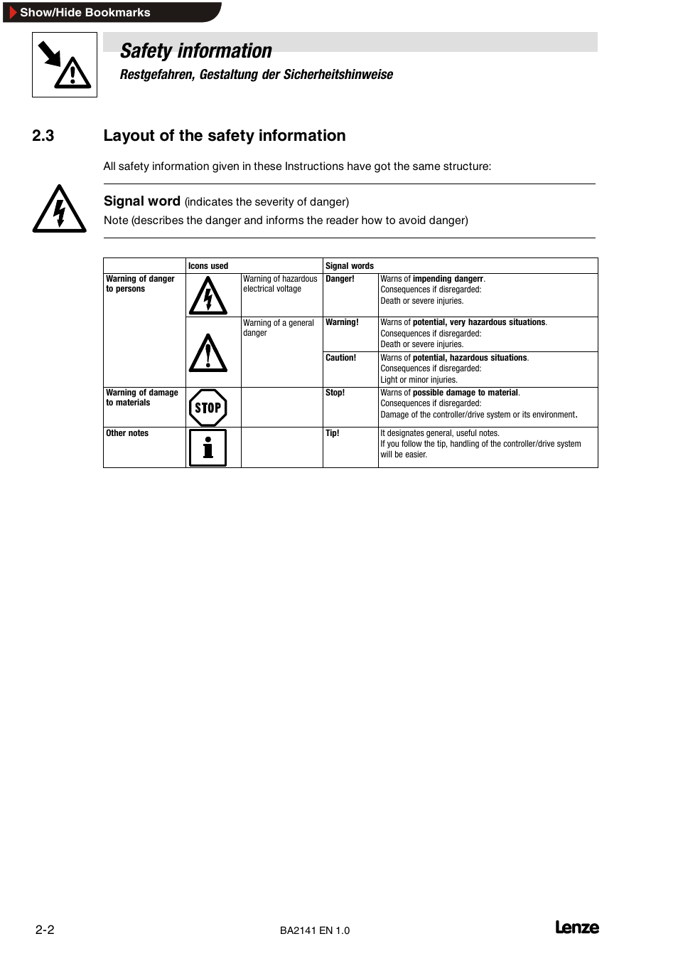 3 layout of the safety information, Safety information, Restgefahren, gestaltung der sicherheitshinweise | Signal word | Lenze EMF2141IB User Manual | Page 10 / 90