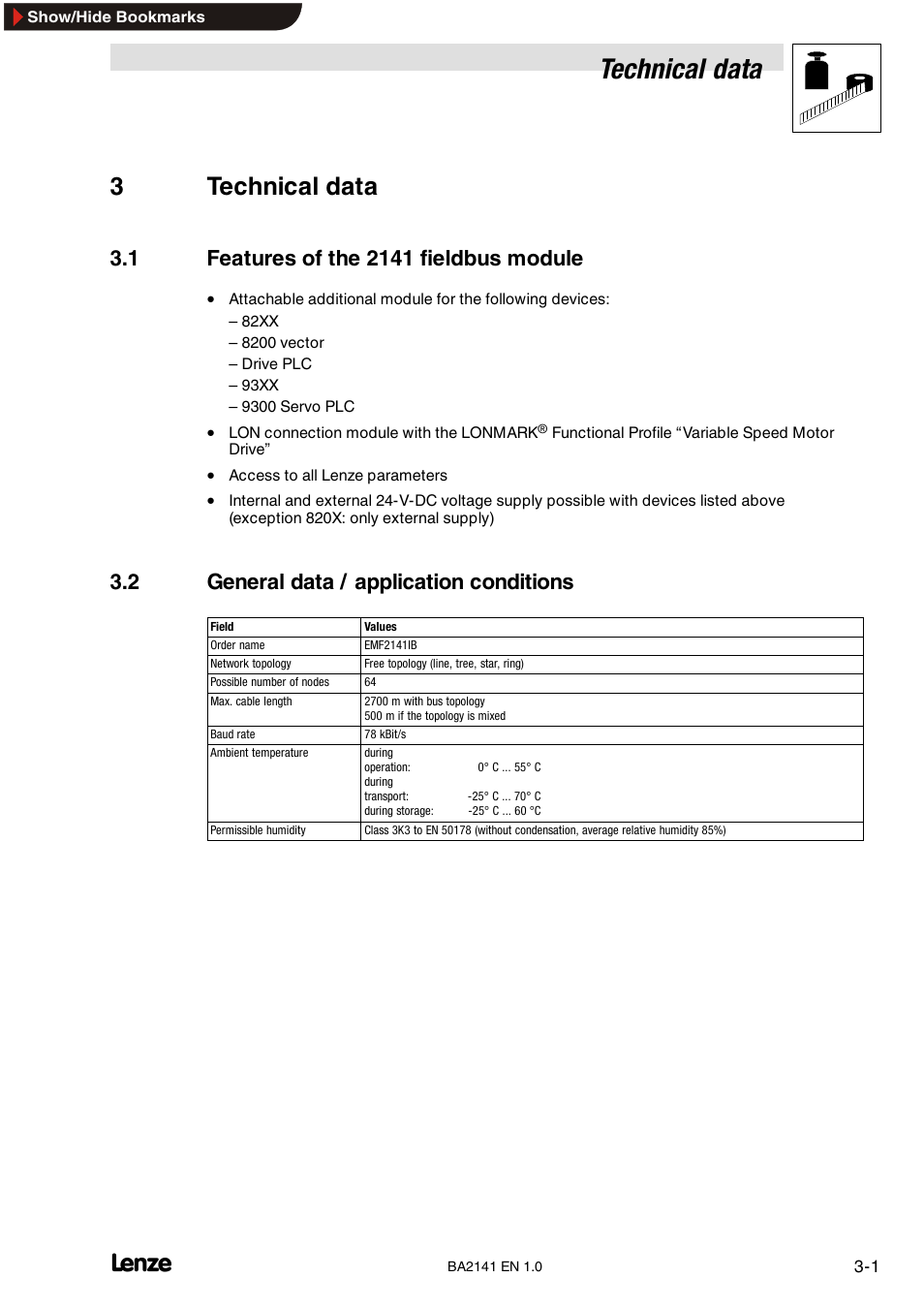 3 technical data, 1 features of the 2141 fieldbus module, 2 general data / application conditions | Technical data, 3technical data | Lenze EMF2141IB User Manual | Page 11 / 90