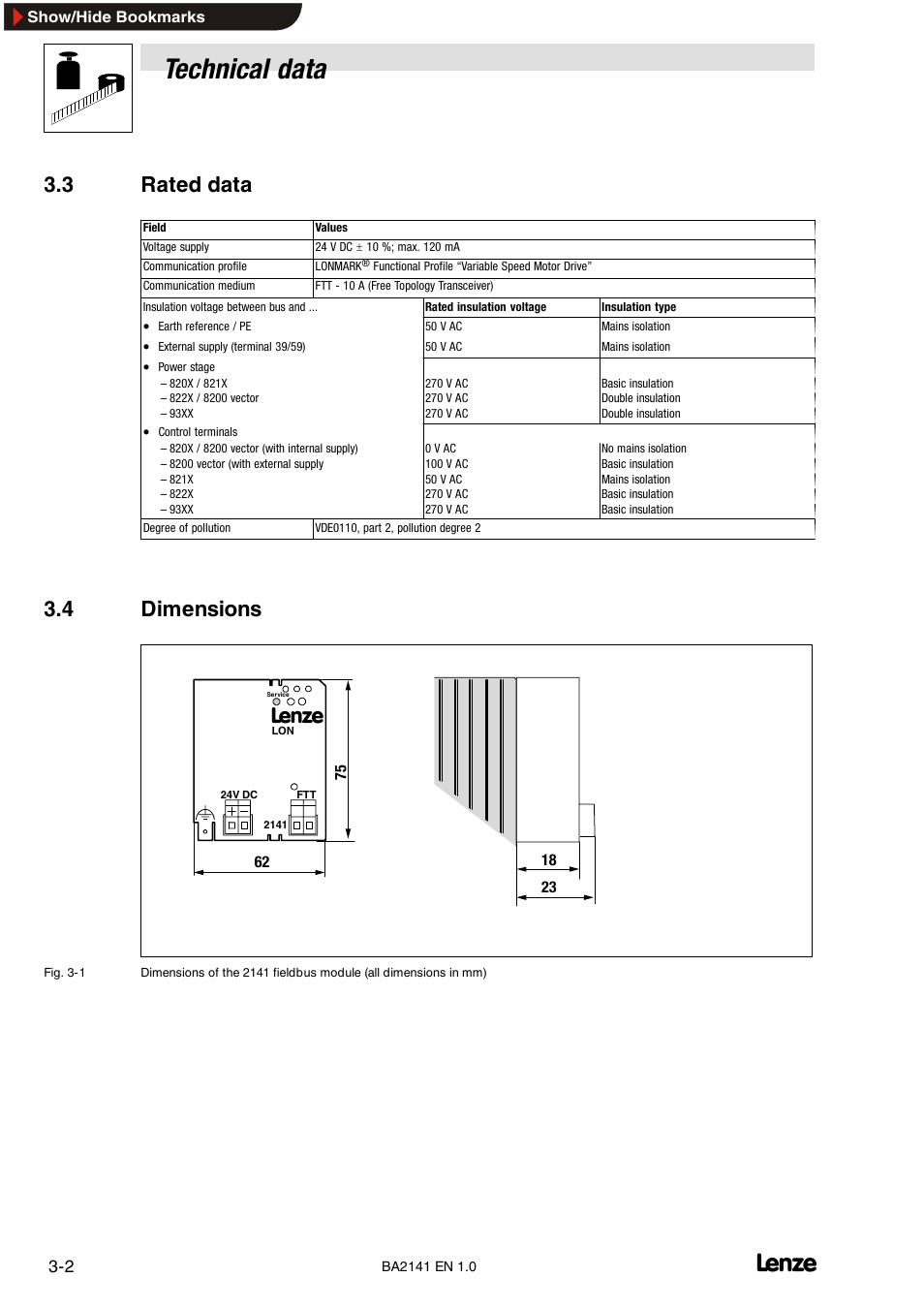 3 rated data, 4 dimensions, Technical data | Lenze EMF2141IB User Manual | Page 12 / 90