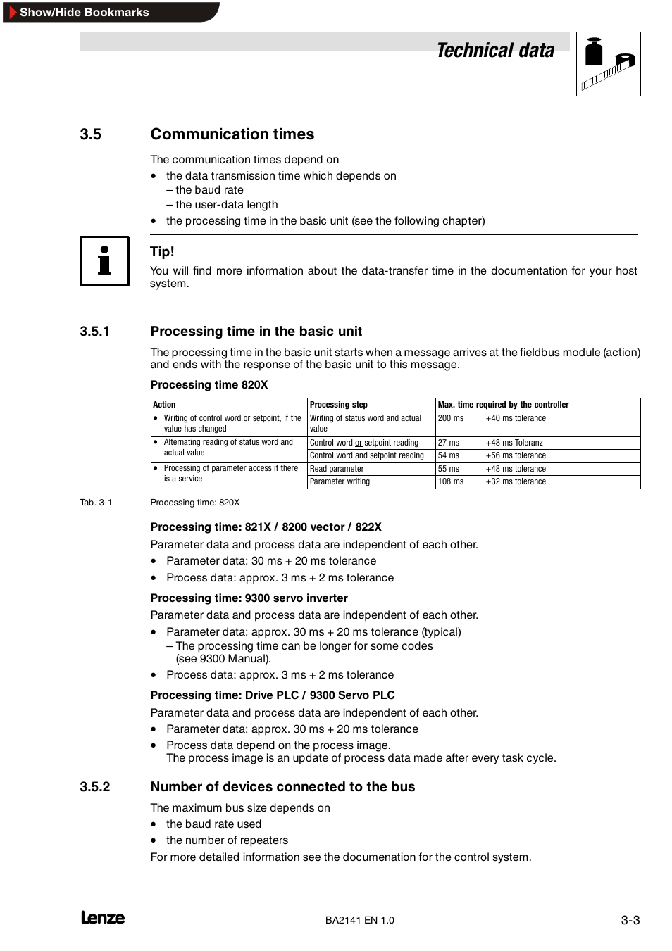 5 communication times, 1 processing time in the basic unit, 2 number of devices connected to the bus | Processing time in the basic unit, Number of devices connected to the bus, Technical data | Lenze EMF2141IB User Manual | Page 13 / 90