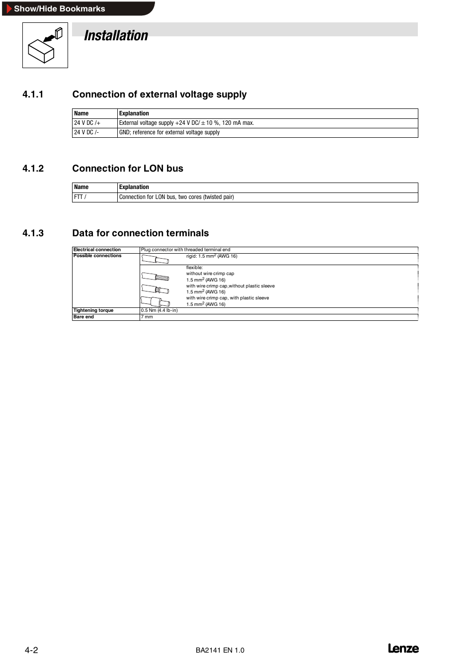 1 connection of external voltage supply, 2 connection for lon bus, 3 data for connection terminals | Connection of external voltage supply, Connection for lon bus, Data for connection terminals, Installation, Show/hide bookmarks | Lenze EMF2141IB User Manual | Page 16 / 90
