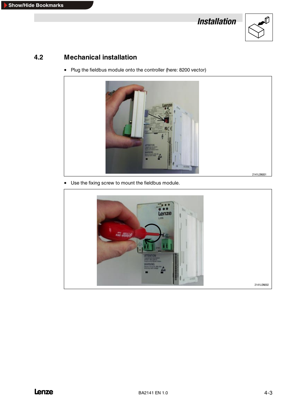 2 mechanical installation, Installation | Lenze EMF2141IB User Manual | Page 17 / 90