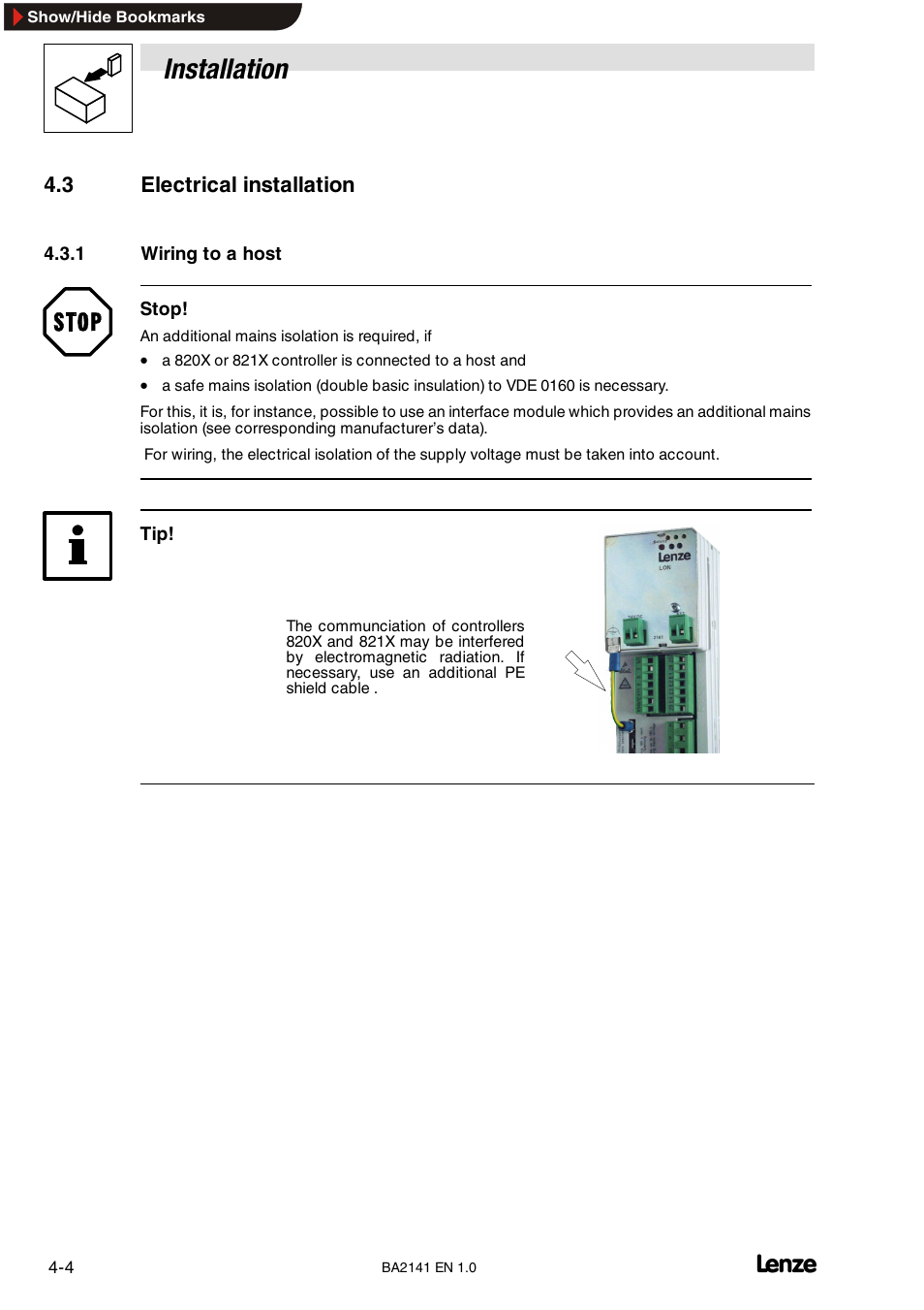 3 electrical installation, 1 wiring to a host, Wiring to a host | Installation | Lenze EMF2141IB User Manual | Page 18 / 90