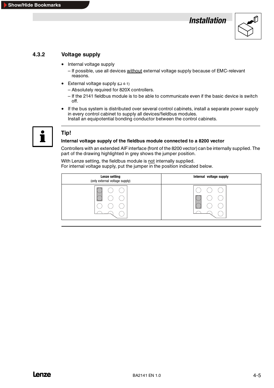 2 voltage supply, Voltage supply, Installation | Lenze EMF2141IB User Manual | Page 19 / 90