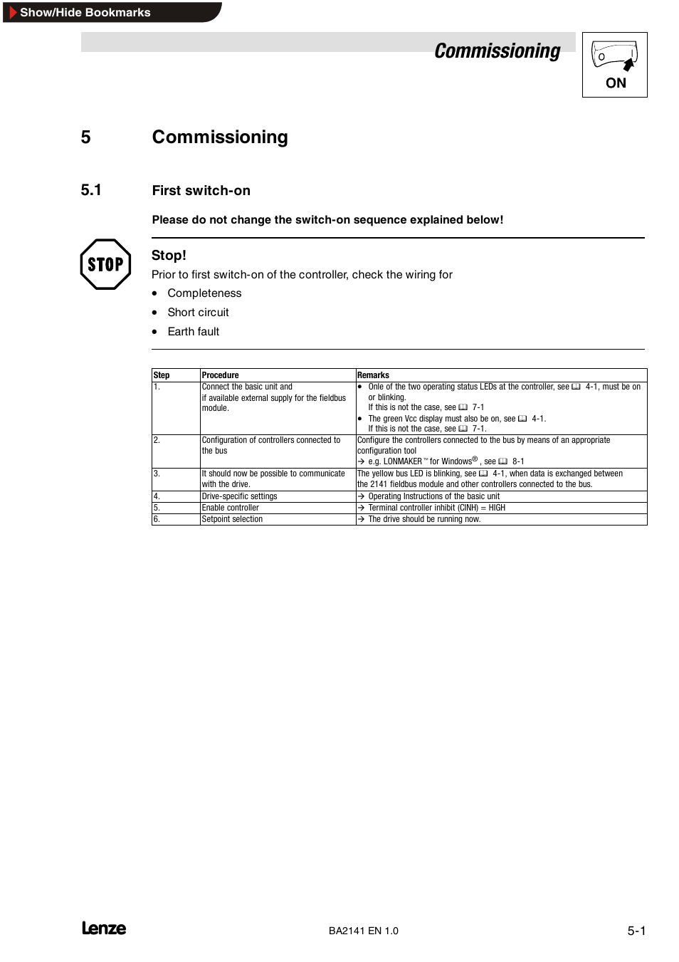 5 commissioning, 1 first switch-on, Commissioning | 5commissioning, First switch-on, Stop | Lenze EMF2141IB User Manual | Page 21 / 90
